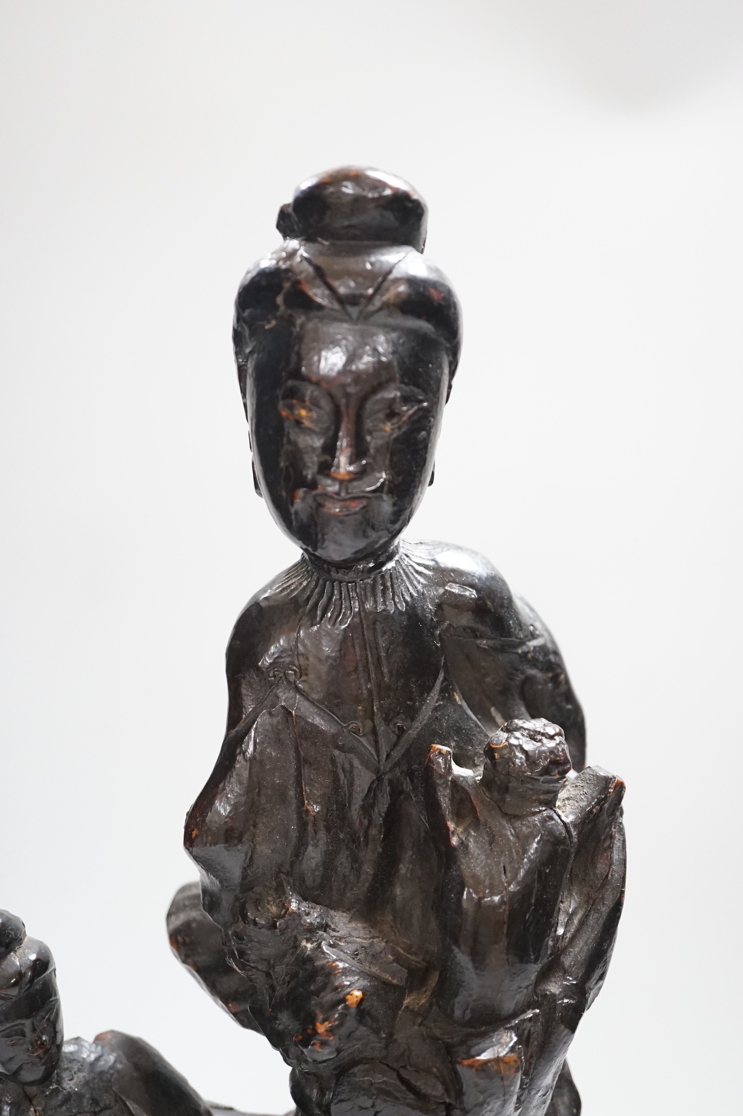 A Chinese root wood carving of two women, 42cm